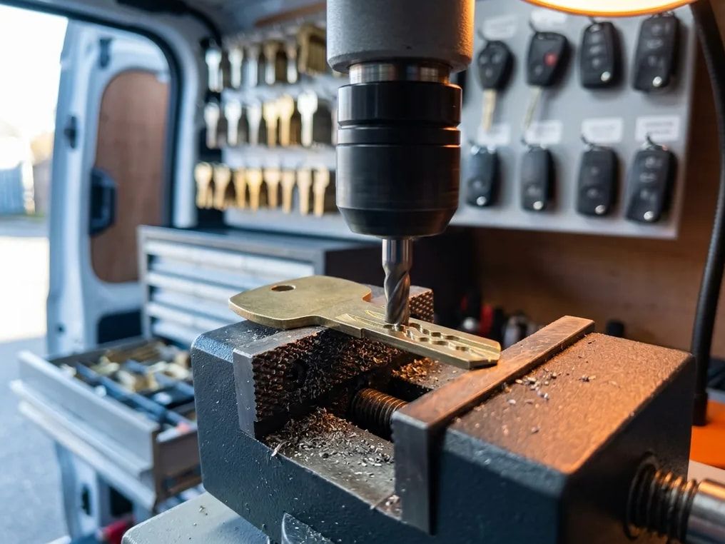 Brass key clamped in a vise on a work van bench, with car key remotes and key blanks racked behind