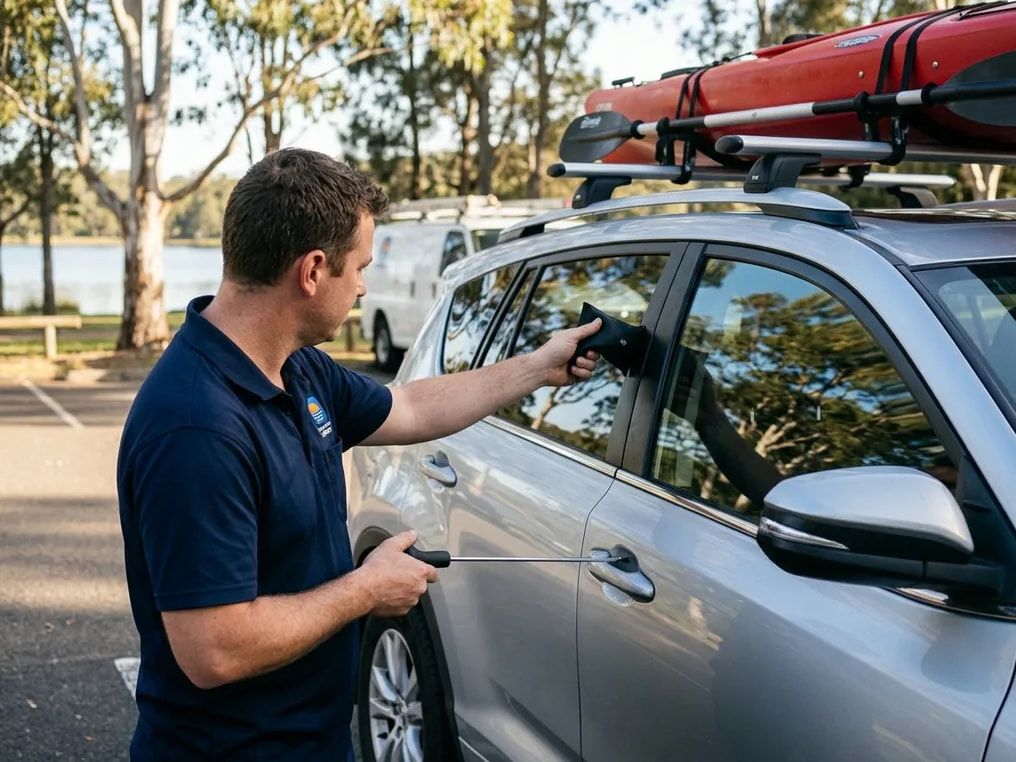 Locksmith in a Seven Lakes Locks polo opening a locked silver SUV with an air wedge and long-reach tool, kayak on the roof rack
