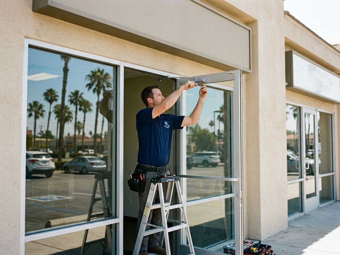 Locksmith in a Seven Lakes Locks polo on a ladder adjusting the door closer on a glass storefront entry