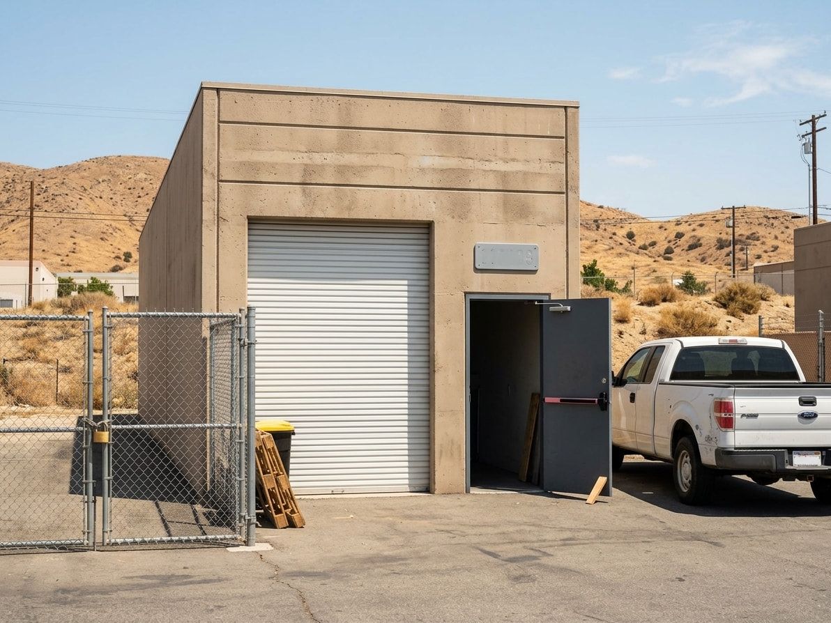Steel exit door with a panic bar propped open beside a roll-up door at a light-industrial unit, pickup parked outside