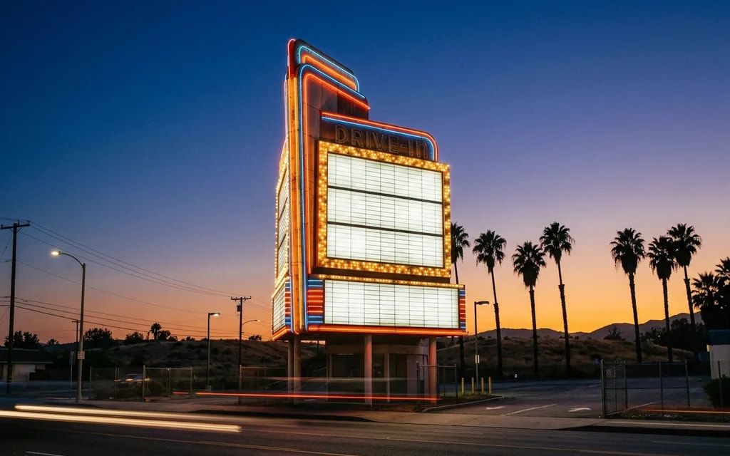 Lit vintage drive-in theater marquee beside a boulevard at dusk, palm trees against an orange sky