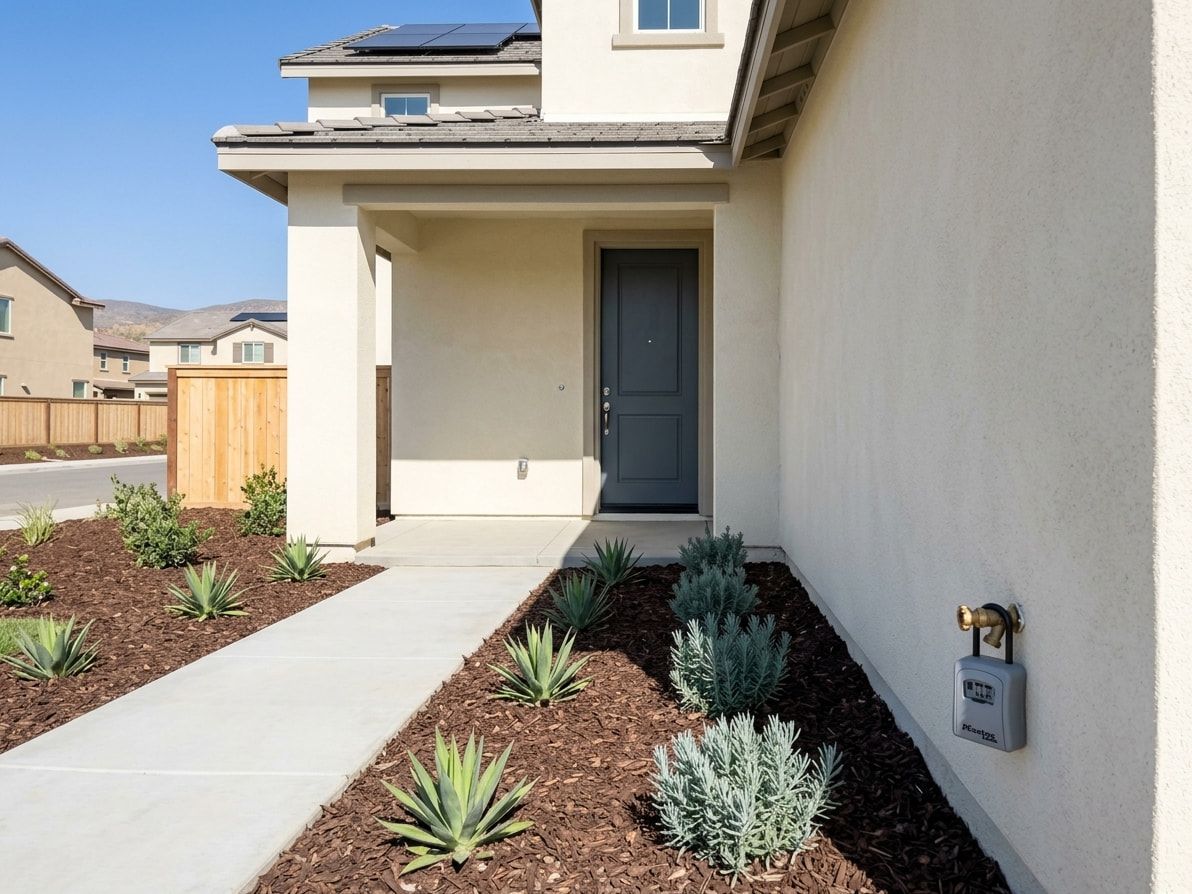 Front door of a newly built two-story stucco home with builder hardware, a key lockbox on the hose bib and fresh drought-tolerant landscaping