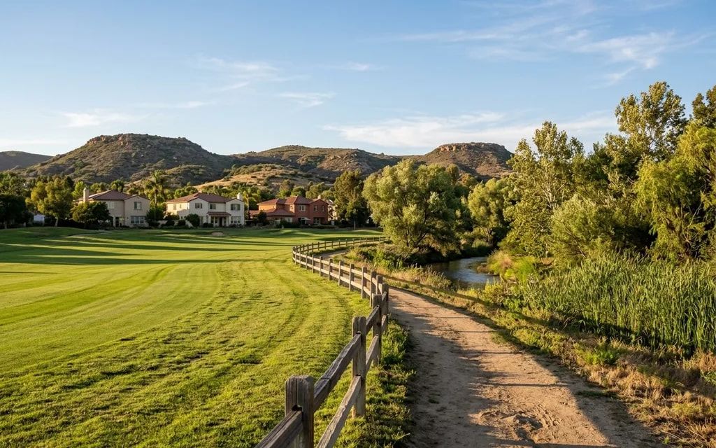 Dirt river trail and split-rail fence along a golf course fairway, stucco homes and dry hills behind