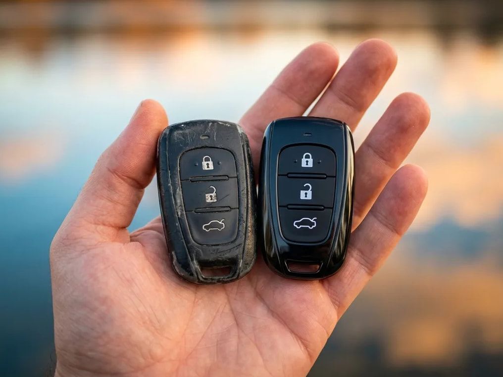 Hand holding a worn push-to-start key fob next to a new replacement fob